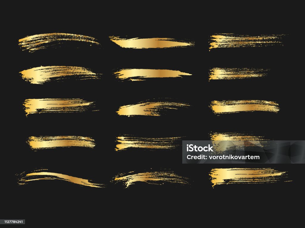 Set of golden paints, metallic gradient brush strokes, brushes, lines. Artistic design elements. Gold - Metal stock vector