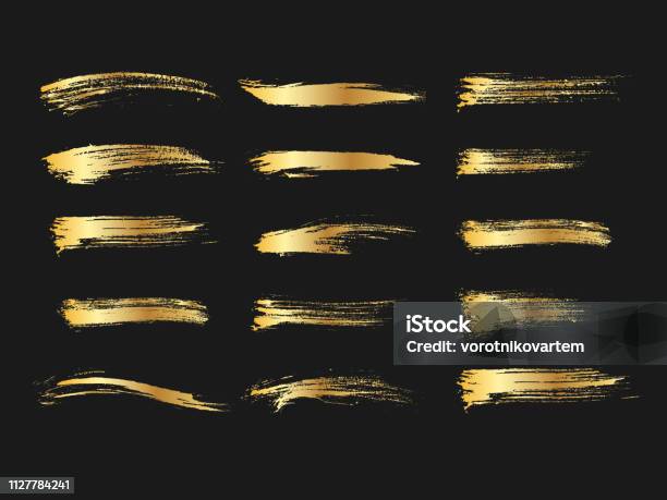 Set Of Golden Paints Metallic Gradient Brush Strokes Brushes Lines Artistic Design Elements Stock Illustration - Download Image Now