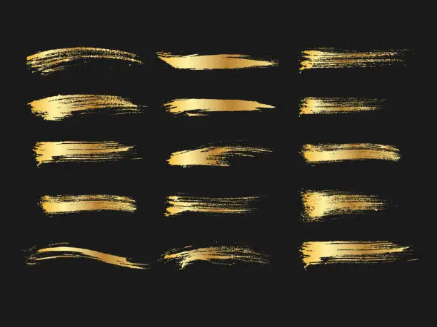 Vector illustration of Set of golden paints, metallic gradient brush strokes, brushes, lines. Artistic design elements.