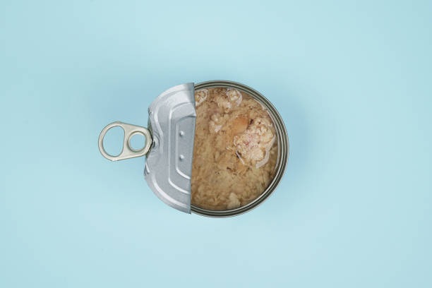 Canned tuna isolated on blue background