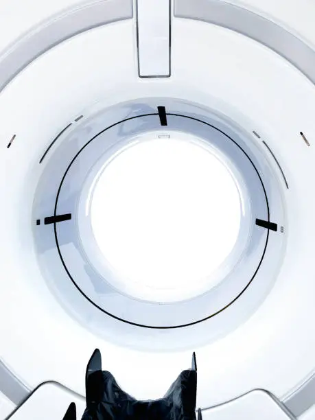 Close up of Gantry of multi detector CT Scanner ( Computed Tomography ) Square shape front view . medical technology concept.