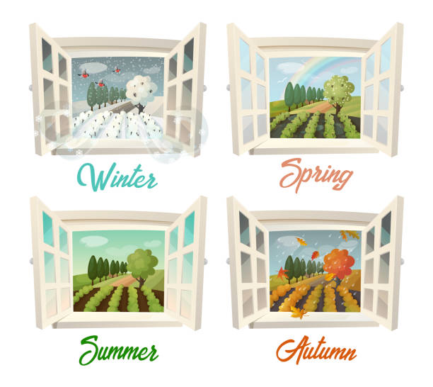 夏、冬、春と秋の村を表示します。 - winter agriculture ranch field点のイラスト素材／クリップアート素材／マンガ素材／アイコン素材