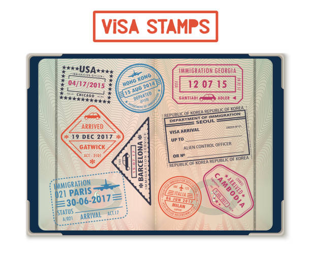 미국 및 한국, 조지아와 프랑스에 대 한 비자 스탬프 - passport stamp rubber stamp passport china stock illustrations