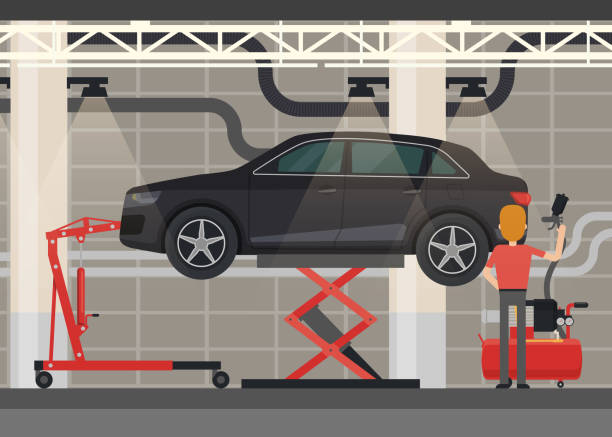 ilustrações, clipart, desenhos animados e ícones de mecânico perto de carro na plataforma de levantamento - car workshop service expertise