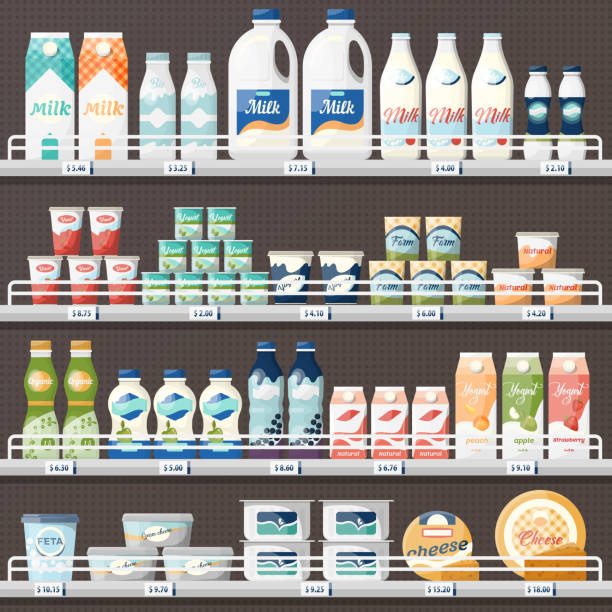 bildbanksillustrationer, clip art samt tecknat material och ikoner med motverka med mjölk och yoghurt, ost - cheese counter supermarket