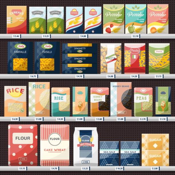 Cereals and spaghetti, oatmeal at shop showcase Cereal food at store showcase, italian spaghetti at shop stall, oat meal at market stand, fusilli and rice with price labels, bean and peas in packet. Vegetarian nutrition, sale and trade,retail theme rice cereal plant stock illustrations