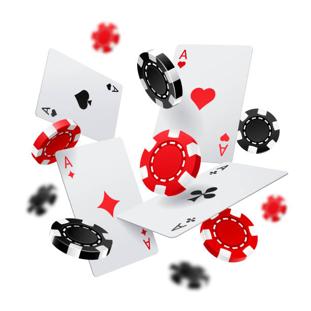 Casino banner with poker chips and cards Flying poker chips and aces cards for internet casino banner. Las Vegas gambling poster or sign. Fortune and luck, chance and sport, success and risk theme poker stock illustrations