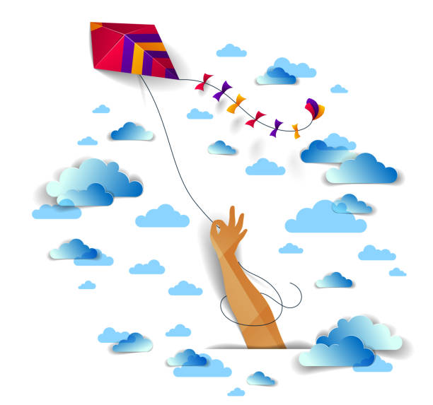 istock Hand holding kite over cloudy sky, freedom and easiness emotional concept, vector modern style paper cut 3d illustration. 1127789418