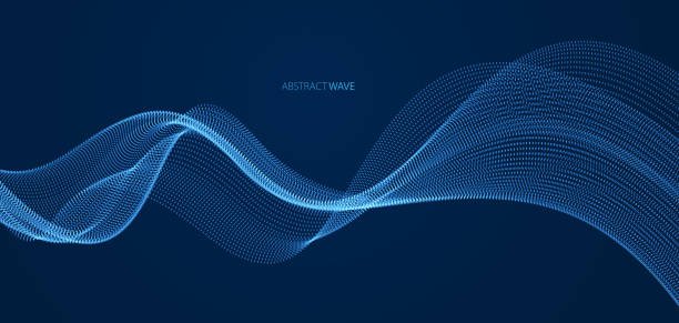 ilustrações de stock, clip art, desenhos animados e ícones de array of particles flowing over dark background, dynamic sound wave. 3d vector illustration. mesh shining round dots, beautiful relaxing wallpaper illustration. - backgrounds blue swirl abstract