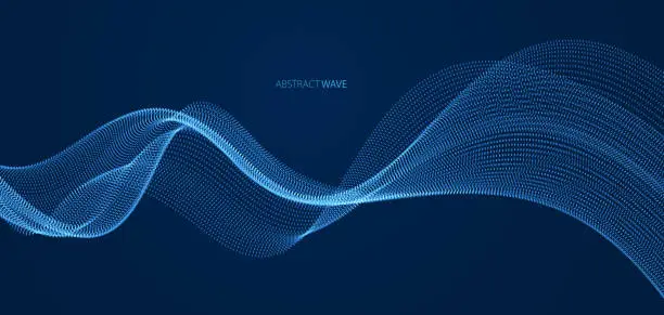 Vector illustration of Array of particles flowing over dark background, dynamic sound wave. 3d vector illustration. Mesh shining round dots, beautiful relaxing wallpaper illustration.