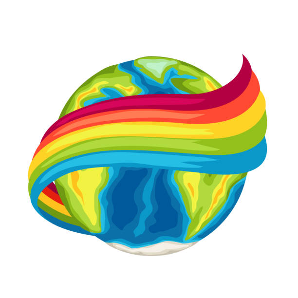 glücklich earth day karte. globus mit regenbogen. - earth day banner placard green stock-grafiken, -clipart, -cartoons und -symbole