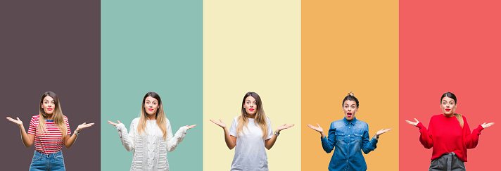 Collage of young beautiful woman over colorful vintage isolated background clueless and confused expression with arms and hands raised. Doubt concept.