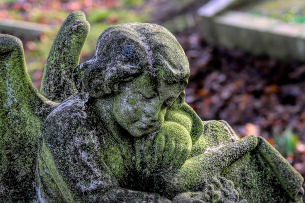 istock Green lichen covered old stone angel in Surrey cemetery 1127793803
