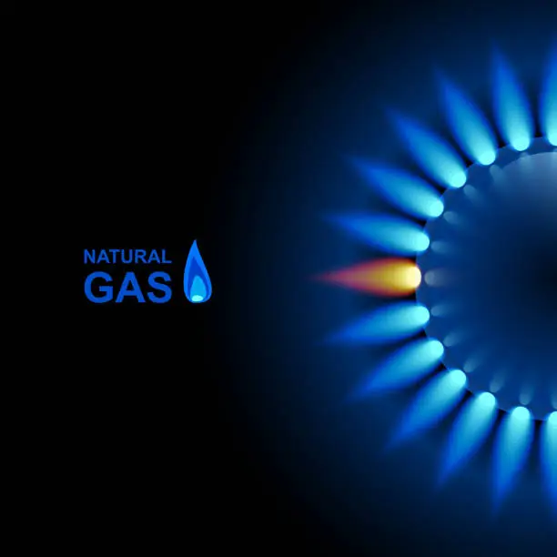 Vector illustration of Gas flame with blue reflection on dark backdrop. Vector background. EPS 10