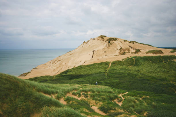 istock landscape with a dune mountain, blue sky and a green dune at denmark 1127796555