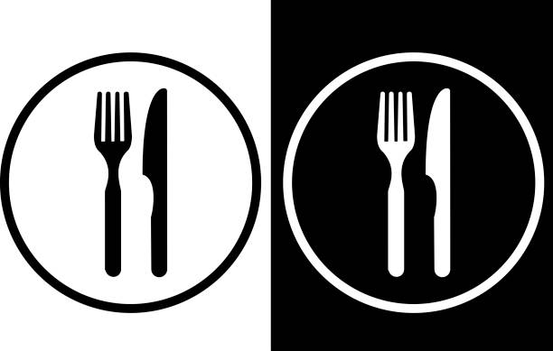 illustrazioni stock, clip art, cartoni animati e icone di tendenza di segno food court. - eating utensil plate black background empty