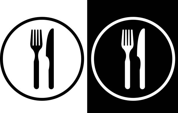 ilustrações, clipart, desenhos animados e ícones de sinal de corte de alimentos. - eating utensil plate black background empty