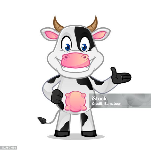 Cow Smiling And Presenting Stock Illustration - Download Image Now - Domestic Cattle, Cartoon, Cow