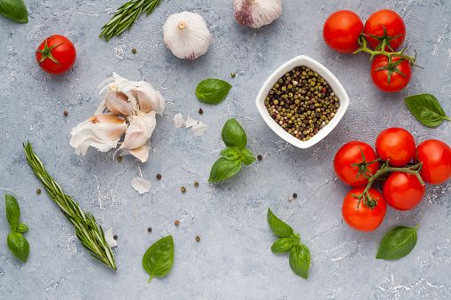Fresh vegetables, ingredients of Italian food, scene seen from above, flat lay.