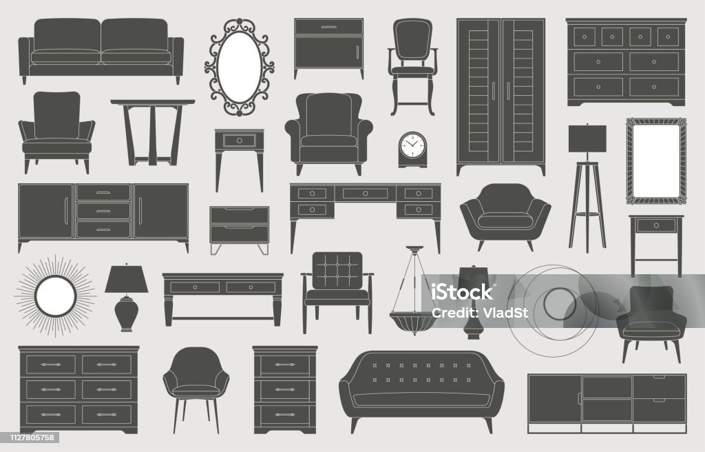 Furniture home decor interior design living room bedroom icons Living room, bedroom, kitchen furniture icons, interior design, home decor, sofas, beds, chairs, mirrors, table lamps, floor lamps, tables and more Furniture stock vector