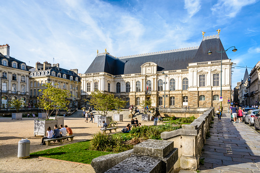 Saint-Brieuc, France - May 09 2022: City hall of Saint-Brieuc next to the Cathedral of St Étienne.