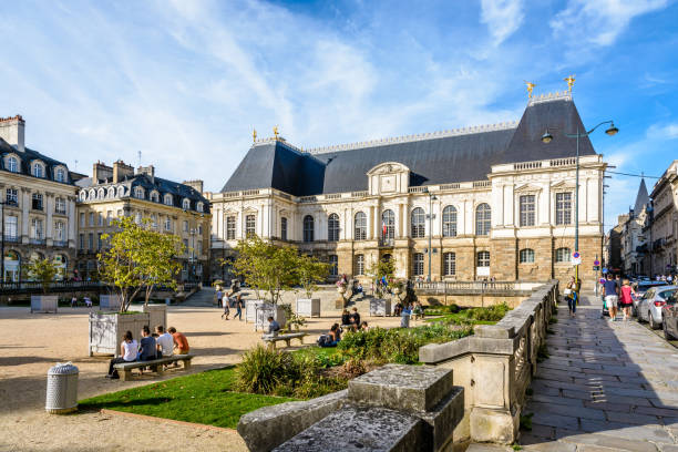 Palace of the Parlement de Bretagne in Rennes, France. Rennes, France - October 13, 2018: Facade of the palace of the Parlement de Bretagne, which houses the court of appeal of Rennes, by a sunny day under a deep blue sky. rennes france photos stock pictures, royalty-free photos & images