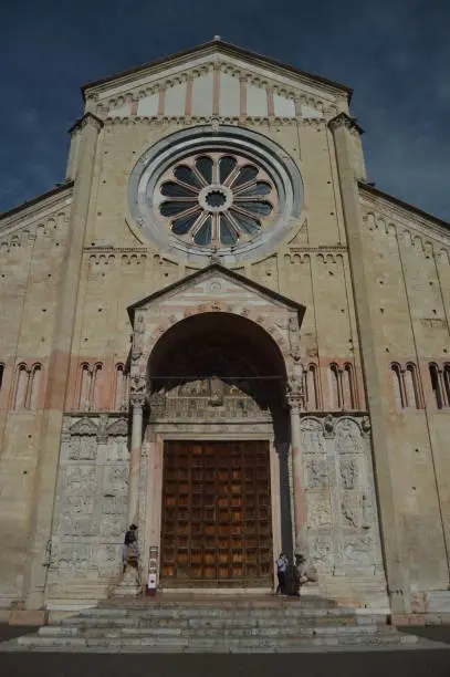 Main Facade Of The Basilica Of San Zenon In Verona. Travel, holidays, architecture. March 30, 2015. Verona, Veneto region, Italy.