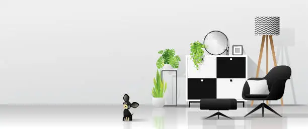 Vector illustration of Interior background with living room in modern black and white scandinavian style , vector , illustration