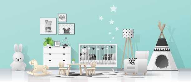 inneren hintergrund mit modernen babyzimmer, vektor, abbildung - tipi bett stock-grafiken, -clipart, -cartoons und -symbole