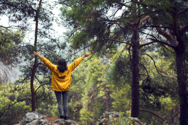 istock Woman With Backpack Hiking In The Forest 1127811980