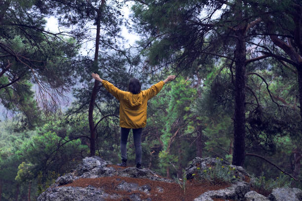 istock Woman With Backpack Hiking In The Forest 1127812063