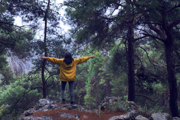 istock Woman With Backpack Hiking In The Forest 1127812070