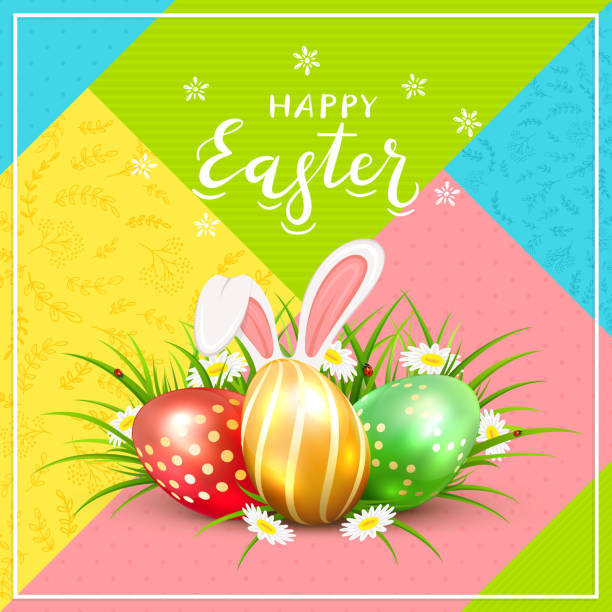 ostereier mit hasenohren gras auf farbigen hintergrund - easter egg easter grass spring stock-grafiken, -clipart, -cartoons und -symbole