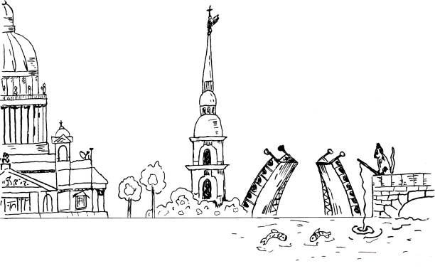 ilustraciones, imágenes clip art, dibujos animados e iconos de stock de vector de línea de cielo de san petersburgo - architectural feature bronze sketch drawing