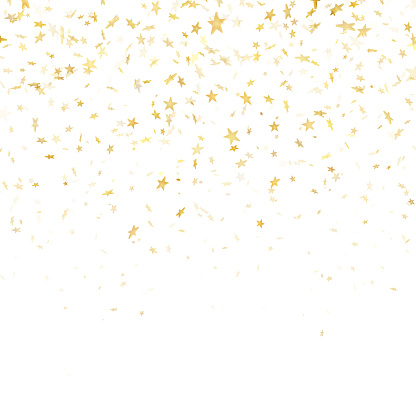 Gold star confetti rain festive pattern effect. Golden volume stars falling down isolated on black background. EPS 10 vector file