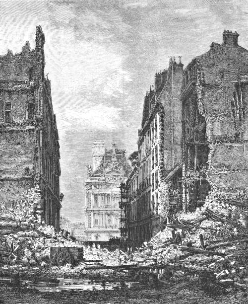 Damage Left After the Siege of Paris - 19th Century Damage to buildings on Rue Street in Paris, France from the Prussian military during the Siege of Paris in 1870-1871 during the Franco-Prussian War from Magasin Pittoresque. Vintage etching circa mid 19th century. 1870 stock illustrations