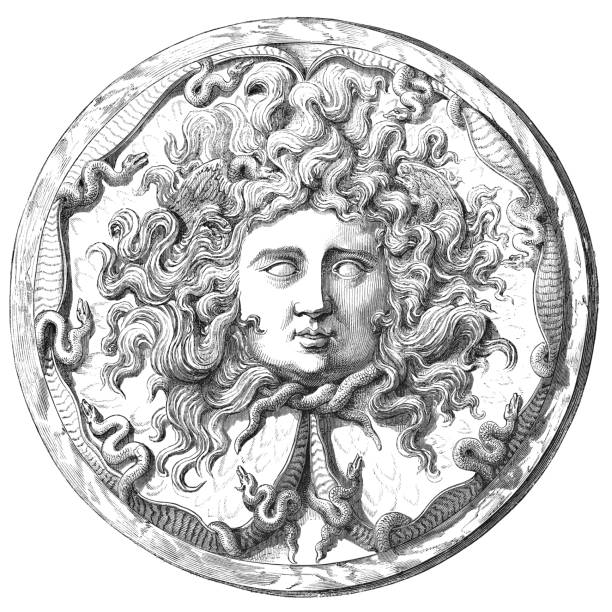Medusa on the Farnese Cup - 2nd Century BC Image depicting the mythological creature Medusa on the Farnese Cup/Tazza Farnese circa 2nd century BC from Magasin Pittoresque. Vintage etching circa mid 19th century. mythological character stock illustrations
