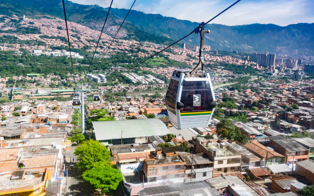Complementary mass transportation system of the city of Medellin called Metroclable B Medellin, Colombia - June 23, 2018: Complementary mass transportation system of the city of Medellin called Metroclable, is the fastest method to access the high suburbs of the area. metro medellin stock pictures, royalty-free photos & images