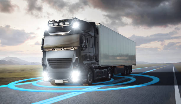 Truck with visualized sensor graphics driving on a highway A moving truck on a highway. Blue graphics around the truck visualize an advanced driving technology. autonomous technology photos stock pictures, royalty-free photos & images
