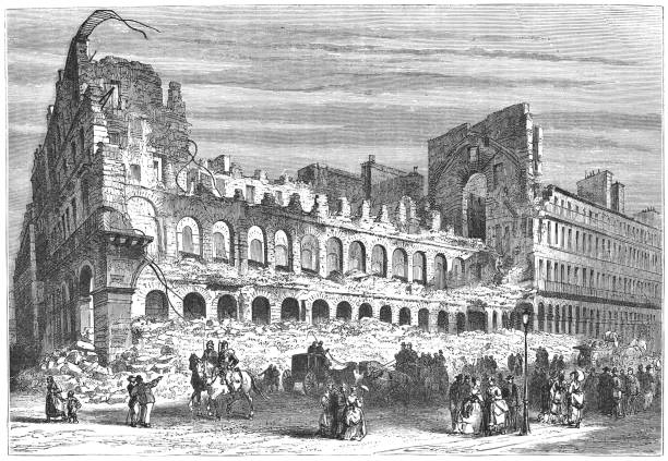 Damage to the 36 quai des Orfèvres After the Siege of Paris - 19th Century Damage to buildings of the 36 quai des Orfèvres (Judicial Police Headquarters) in Paris, France from the Prussian military during the Siege of Paris in 1870-1871 during the Franco-Prussian War from Magasin Pittoresque. Vintage etching circa mid 19th century. 1870 stock illustrations