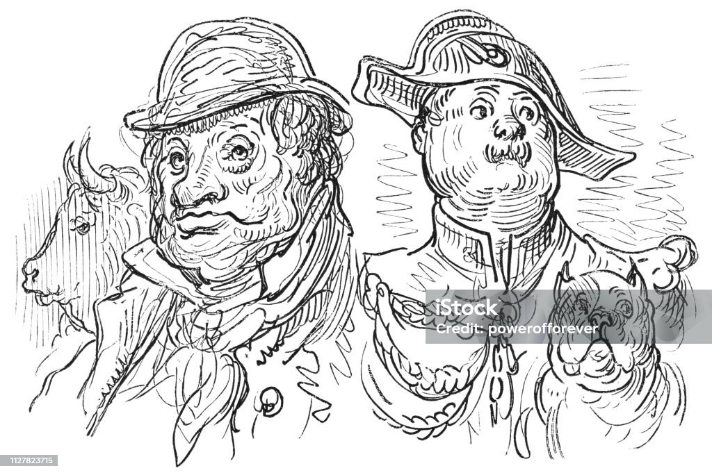 Men to Bull and Bulldog French Caricature Animal Look-alikes - 19th Century A french caricature of a man that looks like a bull and another that looks like a bulldog in a series of people that look like animals from Magasin Pittoresque. Vintage etching circa mid 19th century. History stock illustration