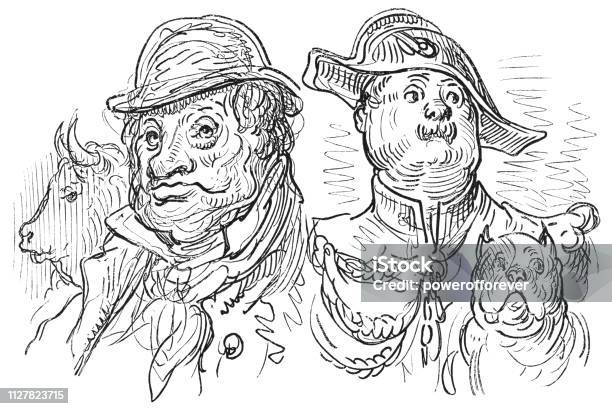 Men To Bull And Bulldog French Caricature Animal Lookalikes 19th Century Stock Illustration - Download Image Now