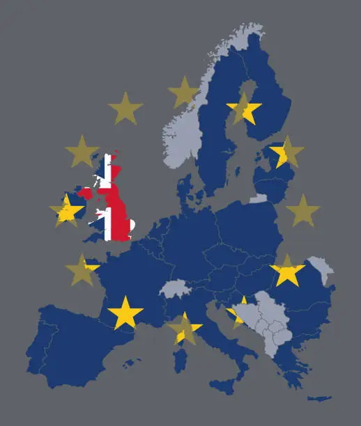 Vector illustration of Vector map of all EU member states with European Union flag and the UK singled out with United Kingdom flag during Brexit process