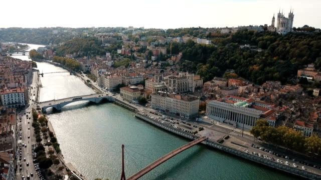 View from drone of Cathedral of Saint-Jean and Notre Dame Basilica