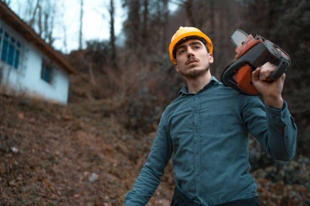 Forester man with petrol chain saw on his shoulder close-up
