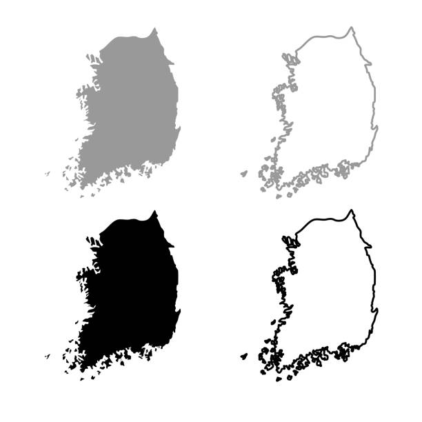 mapa korei południowej ikona kontur zestaw szary czarny kolor - south korea stock illustrations