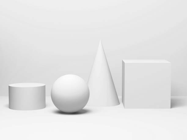 3d white primitive geometric shapes in a row