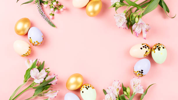 istock Festive Happy Easter background with decorated eggs, flowers, candy and ribbons in pastel colors on white. Copy space 1127827404