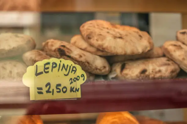 Traditional Bread (Lepinja) Sale on Food Market in Meditarranean Town of Rijeka, Croatia