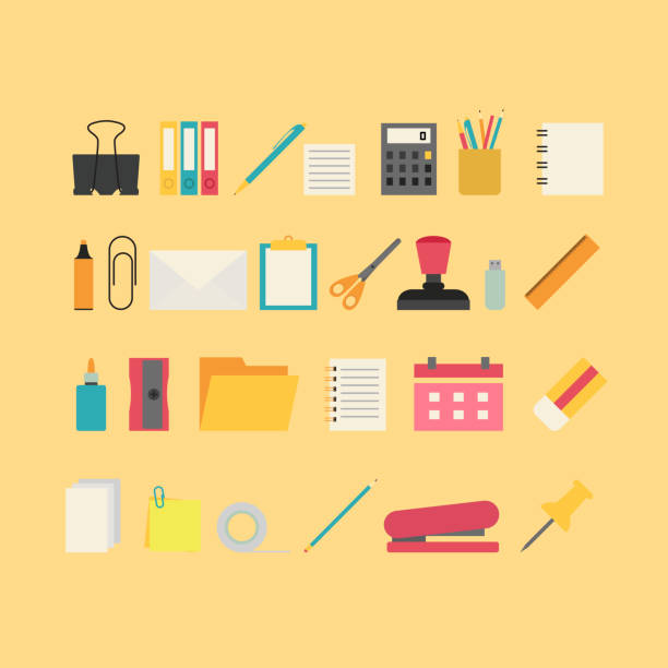 ilustrações de stock, clip art, desenhos animados e ícones de vector colorful icons of stationery. stationery tools icons. - office tool flash